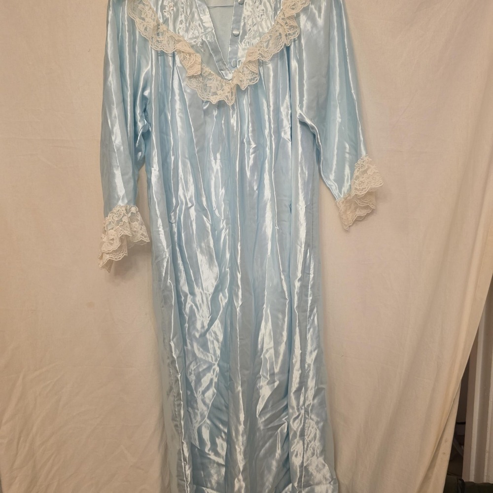 Vintage Ilise Stevens‎ Nightgown Womens Medium Blue Satin Lace Embroidered 80s